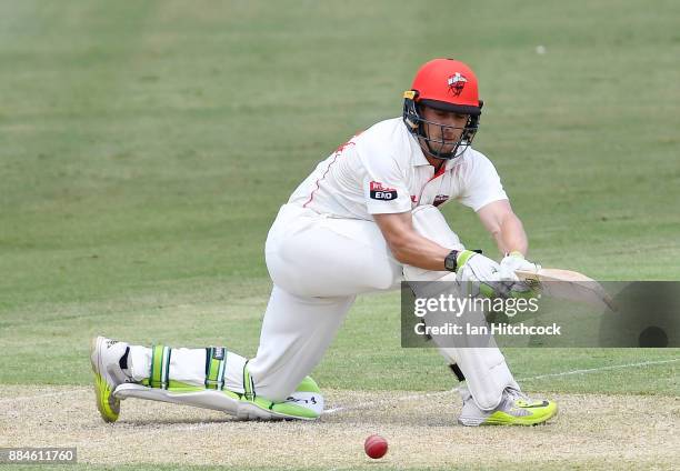 Jake Lehmann of the Redbacks bats during day one of the Sheffield Shield match between Queensland and South Australia at Cazaly's Stadium on December...