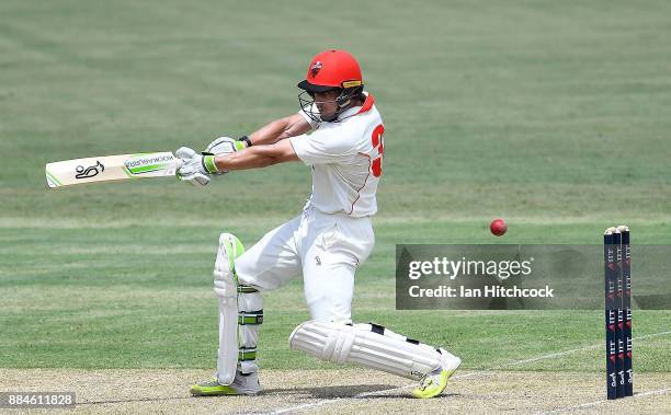 Jake Lehmann of the Redbacks bats during day one of the Sheffield Shield match between Queensland and South Australia at Cazaly's Stadium on December...