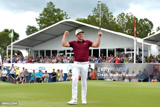 Cameron Smith of Australia celebrates victory during day four of the 2017 Australian PGA Championship at Royal Pines Resort on December 3, 2017 in...
