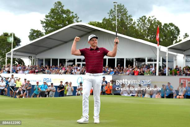 Cameron Smith of Australia celebrates victory during day four of the 2017 Australian PGA Championship at Royal Pines Resort on December 3, 2017 in...