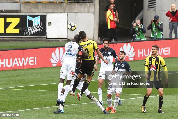 Andrija Kaluderovic of the Wellington Phoenix scores a goal during the round nine A-League match between the Wellington Phoenix and the Melbourne...