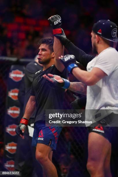 Henry Cejudo celebrates his victory over Sergio Pettis during UFC 218 at Little Ceasars Arena on December 2, 2018 in Detroit, Michigan.