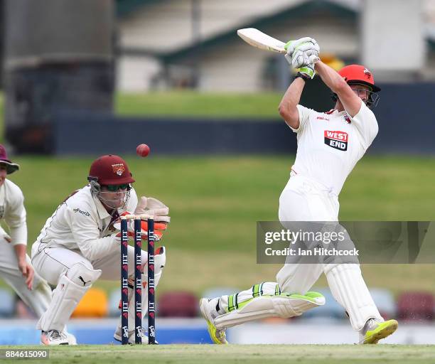 Jake Lehmann of the Redbacks edges the ball through slips during day one of the Sheffield Shield match between Queensland and South Australia at...