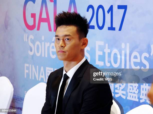 Chinese swimmer Sun Yang attends the FINA World Aquatics Gala 2017 "Soiree Des Etoiles" awards ceremony on December 2, 2017 in Sanya, Hainan Province...