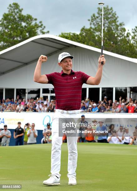 Cameron Smith of Australia celebrates victory during day four of the 2017 Australian PGA Championship at Royal Pines Resort on December 3, 2017 in...