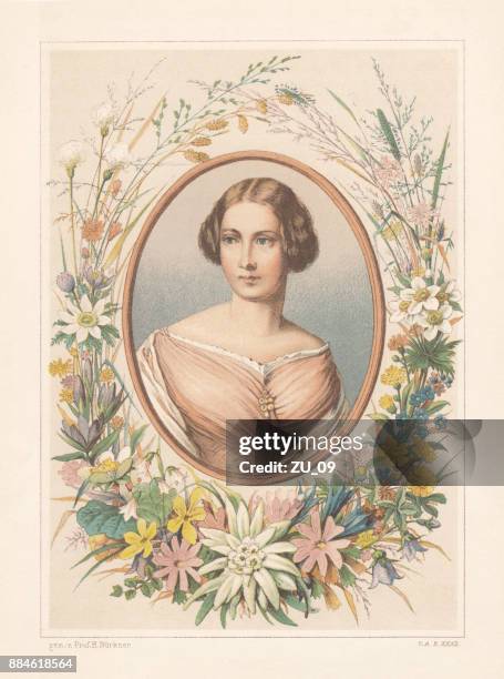 portrait of a lady with flower frame, lithograph, published 1886 - edelweiss flower stock illustrations