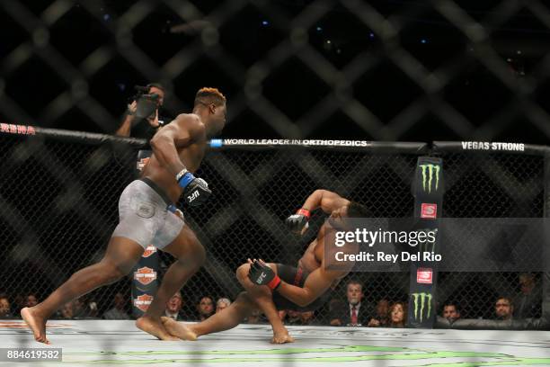Francis Ngannou punches Alistair Overeem during the UFC 218 event at Little Caesars Arena on December 2, 2017 in Detroit, Michigan.
