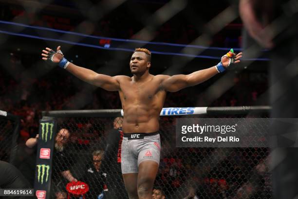 Francis Ngannou celebrates after his bout against Alistair Overeem during the UFC 218 event at Little Caesars Arena on December 2, 2017 in Detroit,...