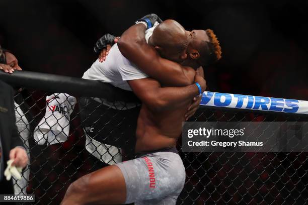 Francis Ngannou of France celebrates his victory over Alistair Overeem of the Netherlands during UFC 218 at Little Ceasars Arena on December 2, 2018...