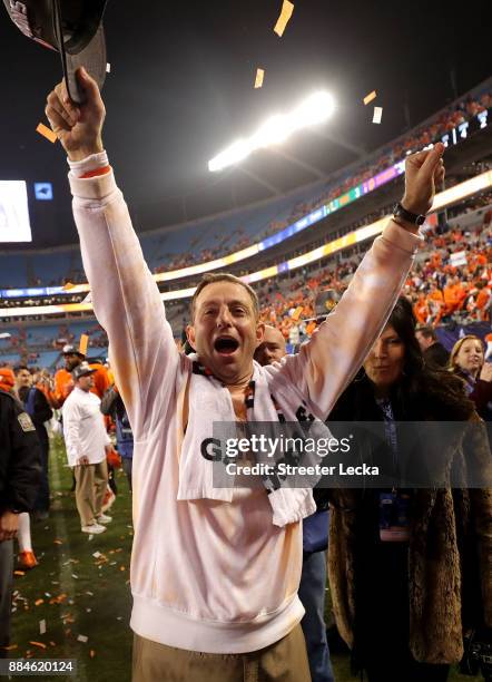 Head coach Dabo Swinney of the Clemson Tigers celebrates after defeating the Miami Hurricanes 38-3 in the ACC Football Championship at Bank of...