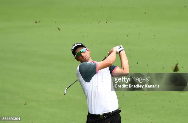 Jordan Zunic of Australia plays a shot on the 15th hole during day four of the 2017 Australian PGA Championship at Royal Pines Resort on December 3,...