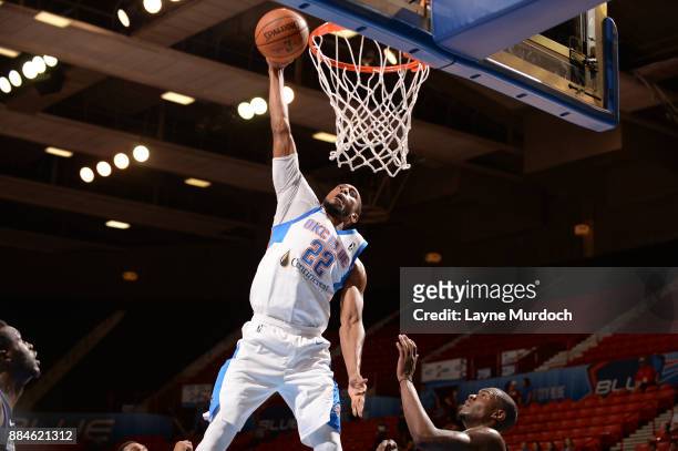 Markel Brown of the Oklahoma City Blue goes up for a dunk against the Greensboro Swarm on Decembert 2, 2017 during an NBA G-League game at the Cox...
