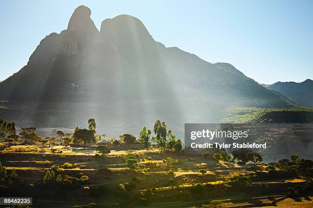 ethiopian farm at sunrise. - ethiopië stockfoto's en -beelden