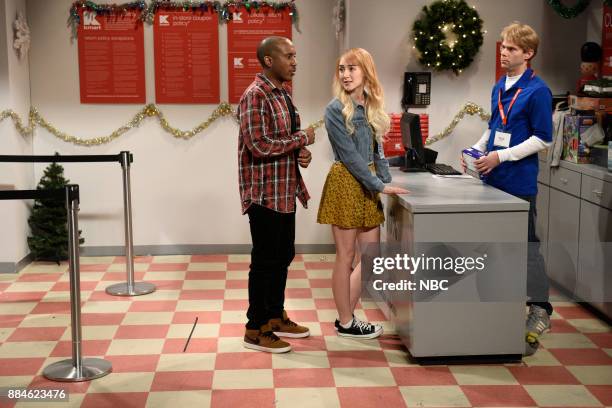 Episode 1732 -- Pictured: Chris Redd, Saoirse Ronan, Mikey Day during "Return Counter" in Studio 8H on Saturday, December 2, 2017 --
