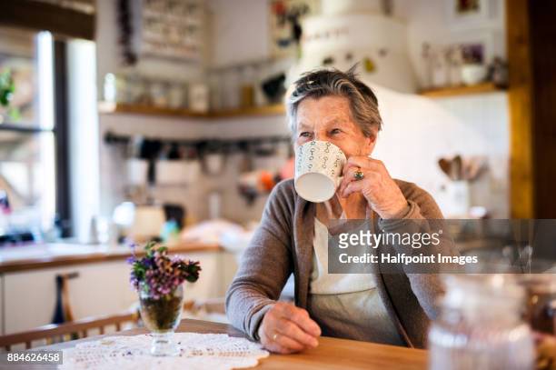 grandmother at home drinking tea. - tea hot drink ストックフォトと画像