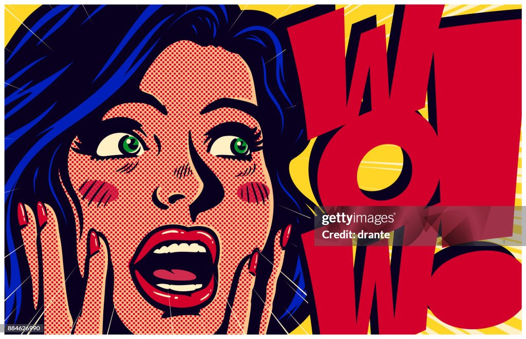 Vintage pop art style surpised and excited comic girl saying wow vector illustration