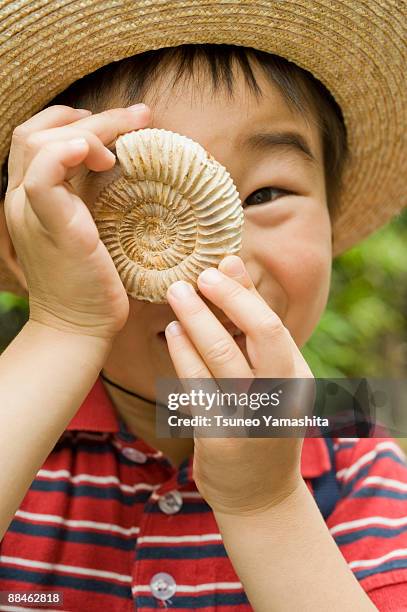 boy with ammonite - ammonit stock-fotos und bilder