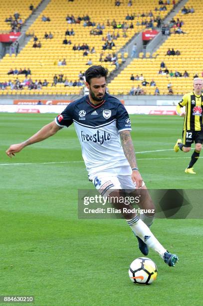 Rhys Williams of Melbourne Victory tries to keep the ball in play during the round nine A-League match between the Wellington Phoenix and the...