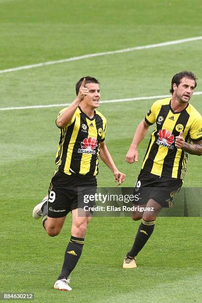 Andrija Kaluderovic of the Wellington Phoenix celebrates his goal during the round nine A-League match between the Wellington Phoenix and the...