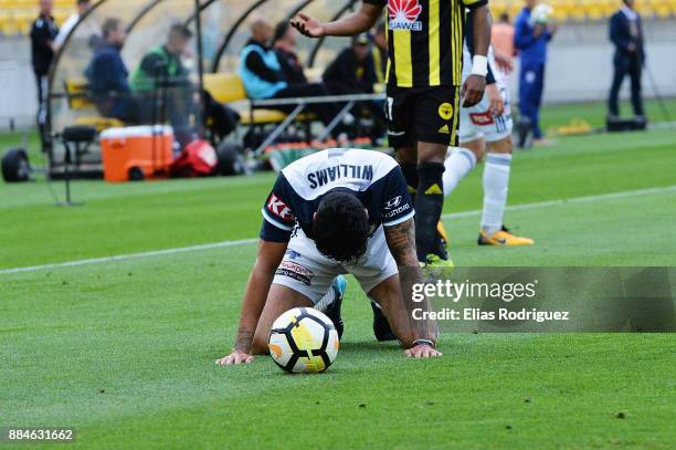 Rhys Williams of Melbourne Victory slow to get up after a tackle during the round nine A-League match between the Wellington Phoenix and the...