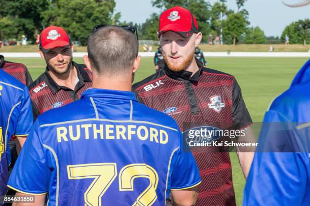 Hamish Rutherford of Otago and Ben Stokes of Canterbury shake hands following the Ford Trophy One Day match between Canterbury and Otago on December...