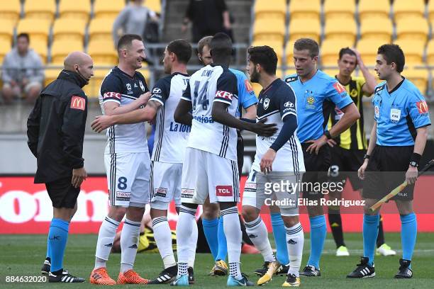 Besart Berisha of Melbourne Victory celebrate win with team during the round nine A-League match between the Wellington Phoenix and the Melbourne...