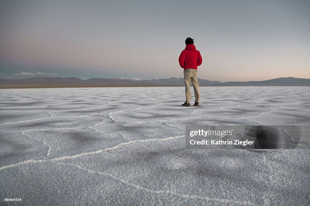 Man standing on salt flat looking into distance