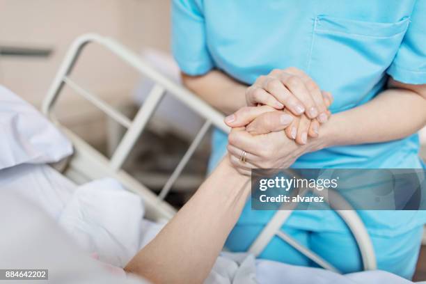 female nurse holding senior woman's hand - hospital bed stock pictures, royalty-free photos & images