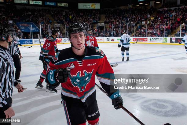 Kole Lind of the Kelowna Rockets skates to the bench to celebrate a third period goal against the Kootenay Ice on December 2, 2017 at Prospera Place...