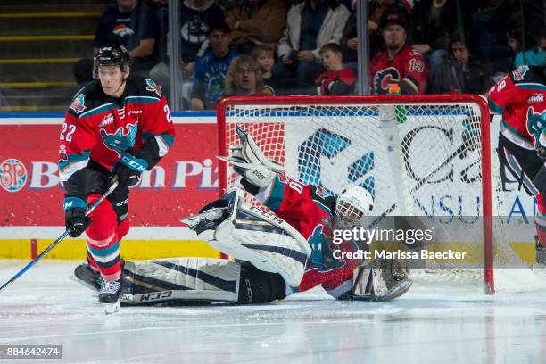 Roman Basran of the Kelowna Rockets scrambles to get up from the ice after a save against the Kootenay Ice on December 2, 2017 at Prospera Place in...