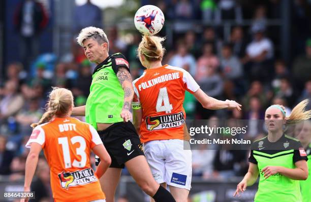 Michelle Heyman of Canberra and Clare Polkinghorne of the Roar contest possession during the round six W-League match between Canberra United and the...