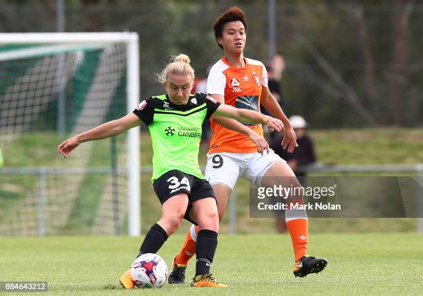Laura Bassett of Canberra in action during the round six W-League match between Canberra United and the Brisbane Roar at McKellar Park on December 3,...