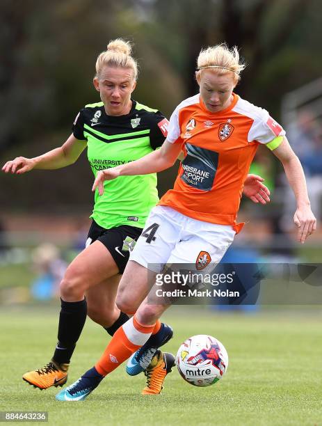 Clare Polkinghorne of the Roar in action during the round six W-League match between Canberra United and the Brisbane Roar at McKellar Park on...