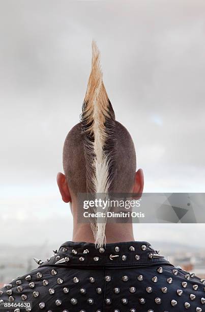 punk with long mohawk from behind - punk rocker stockfoto's en -beelden