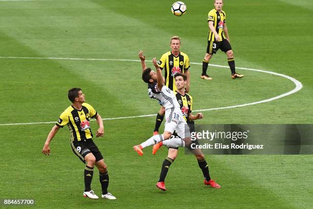Matias Sanchez of Melbourne Victory appeals for a push in the back during the round nine A-League match between the Wellington Phoenix and the...