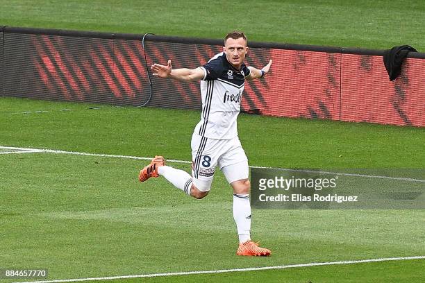 Besart Berisha of Melbourne Victory celebrates scoring a goal during the round nine A-League match between the Wellington Phoenix and the Melbourne...