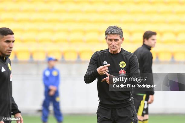 Rado Vidosic warming the team up during the round nine A-League match between the Wellington Phoenix and the Melbourne Victory at Westpac Stadium on...