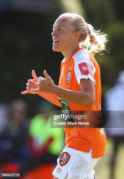 Tameka Butt of the Roar celebrates scoring a goal during the round six W-League match between Canberra United and the Brisbane Roar at McKellar Park...