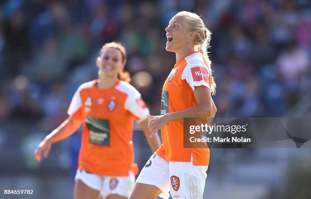 Tameka Butt of the Roar celebrates scoring a goal during the round six W-League match between Canberra United and the Brisbane Roar at McKellar Park...