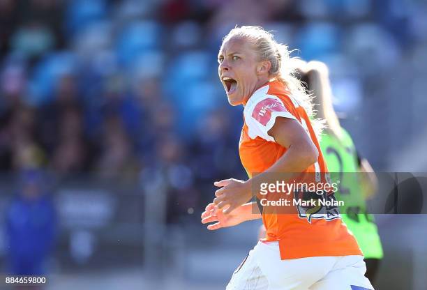 Tameka Butt of the Roar reacts to a decision during the round six W-League match between Canberra United and the Brisbane Roar at McKellar Park on...
