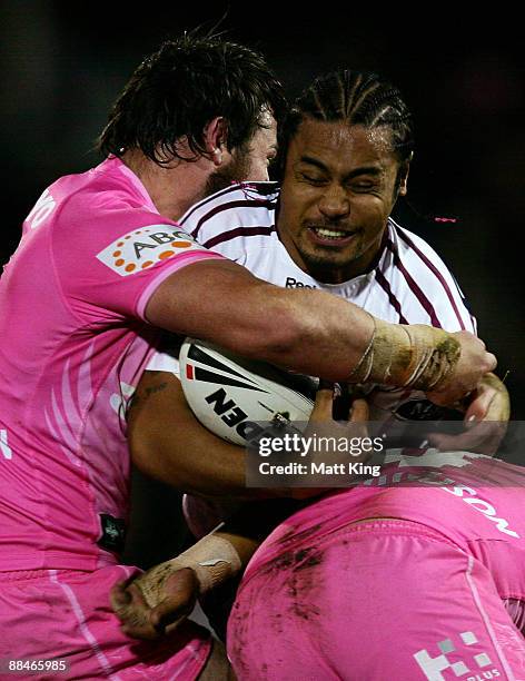 Steve Matai of the Sea Eagles takes on the defence during the round 14 NRL match between the Penrith Panthers and the Manly Warringah Sea Eagles at...