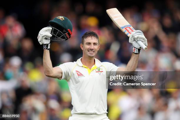 Shaun Marsh of Australia celebrates after reaching his century during day two of the Second Test match during the 2017/18 Ashes Series between...