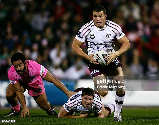Anthony Watmough of the Sea Eagles makes a break during the round 14 NRL match between the Penrith Panthers and the Manly Warringah Sea Eagles at CUA...