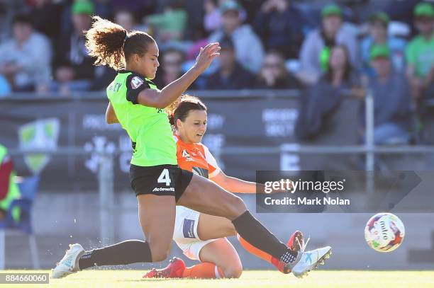 Toni Pressley of Canberra and Hayley Raso of the Roar contest possession during the round six W-League match between Canberra United and the Brisbane...