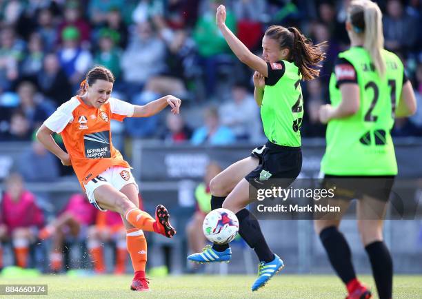 Hayley Raso of the Roar shoots for goal during the round six W-League match between Canberra United and the Brisbane Roar at McKellar Park on...