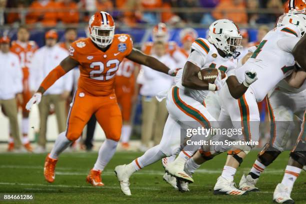 Miami running back DeeJay Dallas runs the ball during the game between the Clemson Tigers and the Miami Hurricanes on December 2, 2017 at Bank of...