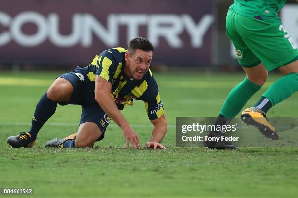 Blake Powell of the Mariners looks up after scoring a goal during the round nine A-League match between the Central Coast Mariners and Perth Glory at...