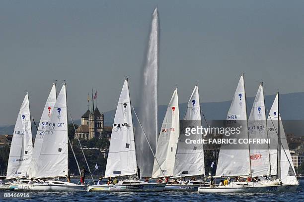 Sailing boats gather with the Geneva fountain and the cathedral St-Pierre as background prior to the start of the "Bol d'Or" the largest sailing...