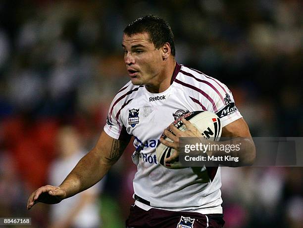 Anthony Watmough of the Sea Eagles runs with the ball during the round 14 NRL match between the Penrith Panthers and the Manly Warringah Sea Eagles...