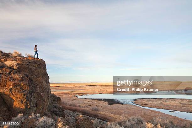 woman stands on cliff overlooking nature preserve. - reserva natural nacional de malheur fotografías e imágenes de stock